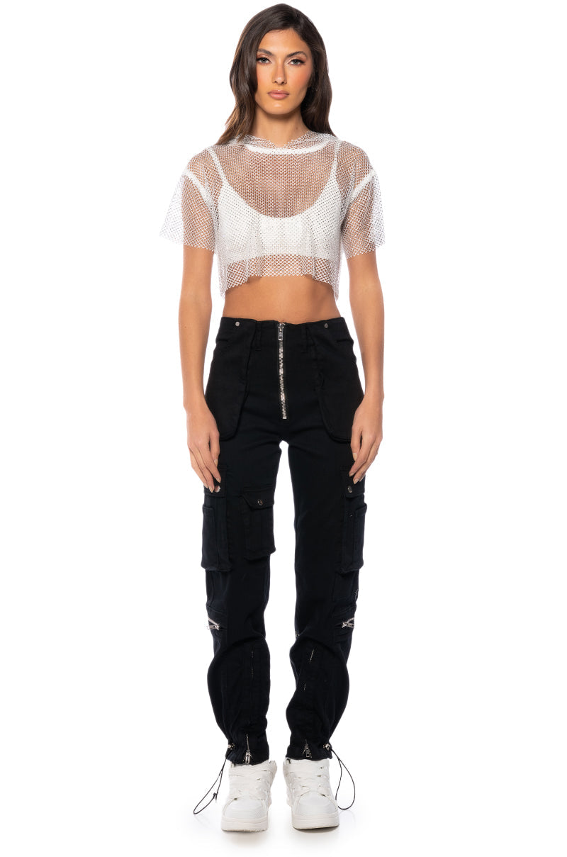 NORTH STAR RHINESTONE MESH HOODED CROP TOP IN WHITE