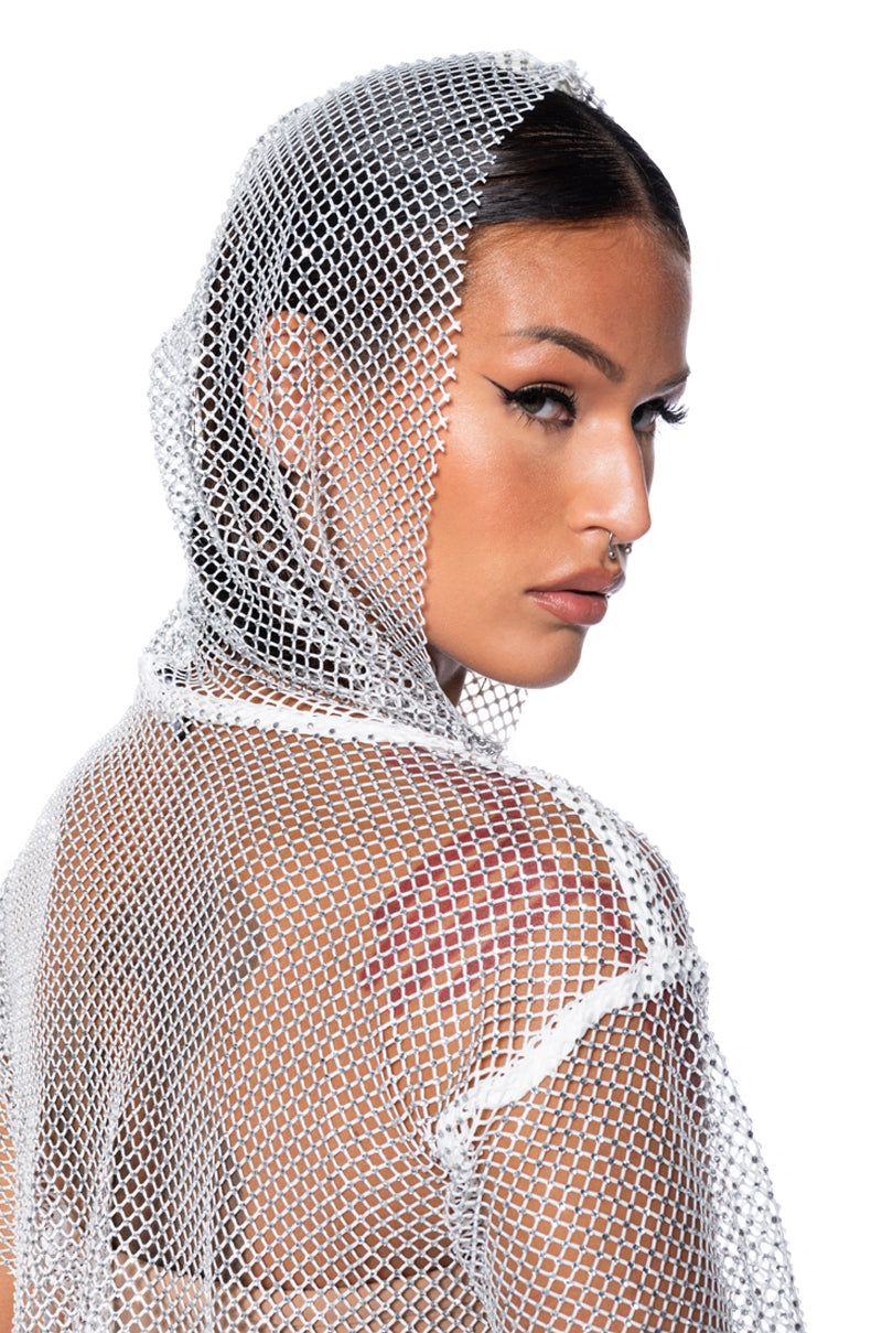 NORTH STAR RHINESTONE MESH HOODED CROP TOP IN WHITE