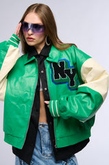 NUEVA YORK VARSITY PATCH FAUX LEATHER BOMBER JACKET