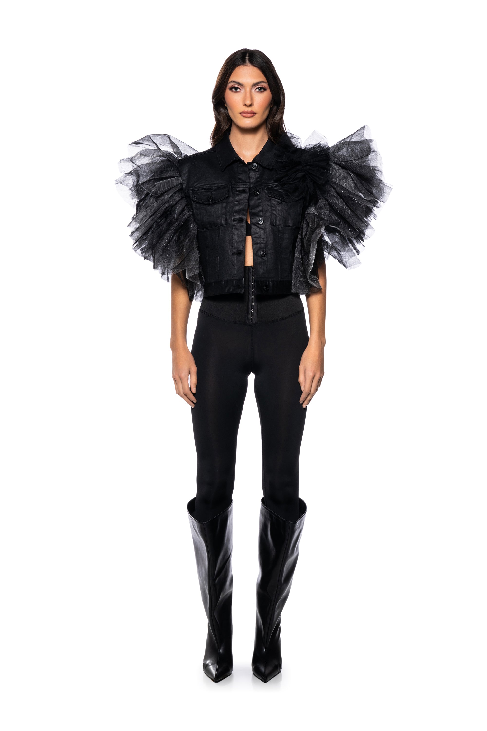 ON REPEAT TULLE SHOULDER VEST IN BLACK PU