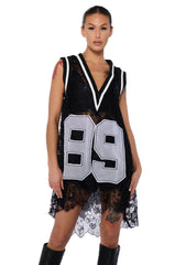 ON THE SIDELINES LACE JERSEY MINI DRESS