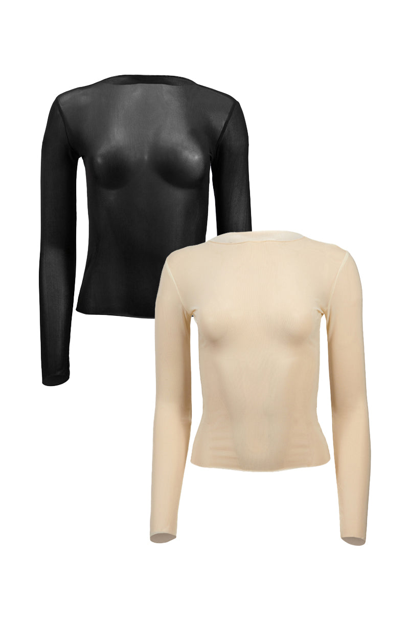 PAXTON TWO PACK RAW HEM LONG SLEEVE MESH TEES IN BLACK AND CREAM