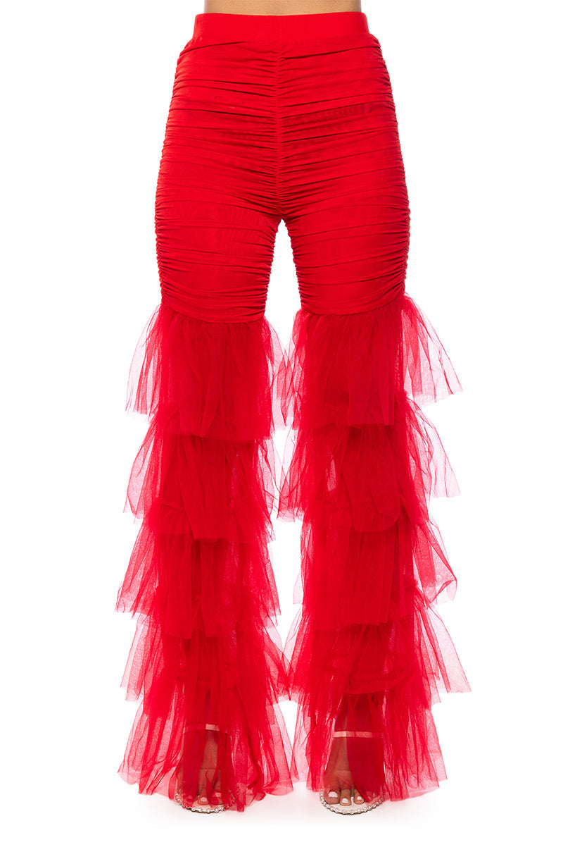 SAMMIE CINCHED MESH FLARE LEG PANT IN RED