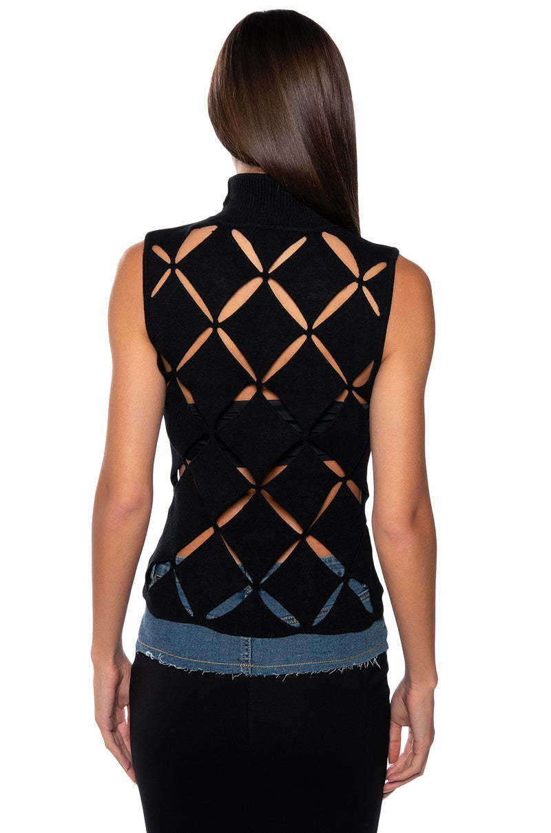 PLAYING CARDS TURTLENECK CUT OUT KNIT TOP