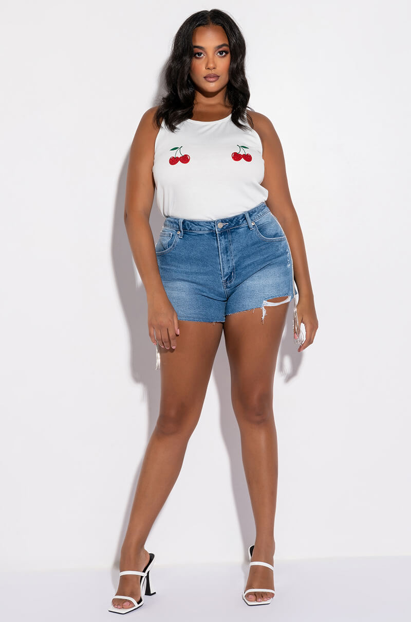 PLUS DONT STOP ME HIGH RISE RHINESTONE STRIPE DENIM SHORTS