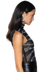 POP STAR ZEBRA RHINESTONE SLEEVELESS MESH TEE