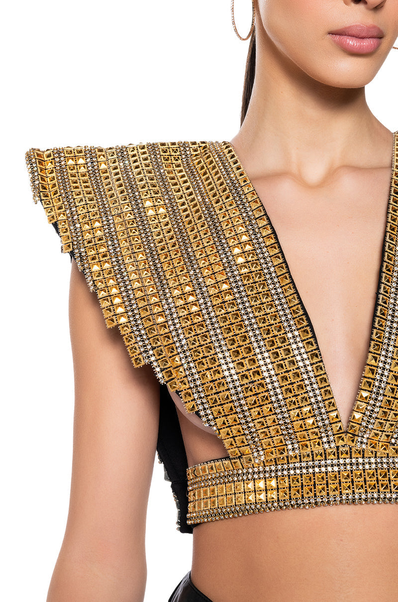 QUEEN OF EVERYTHING GOLD EMBELLISHED HIGH SHOULDER TOP