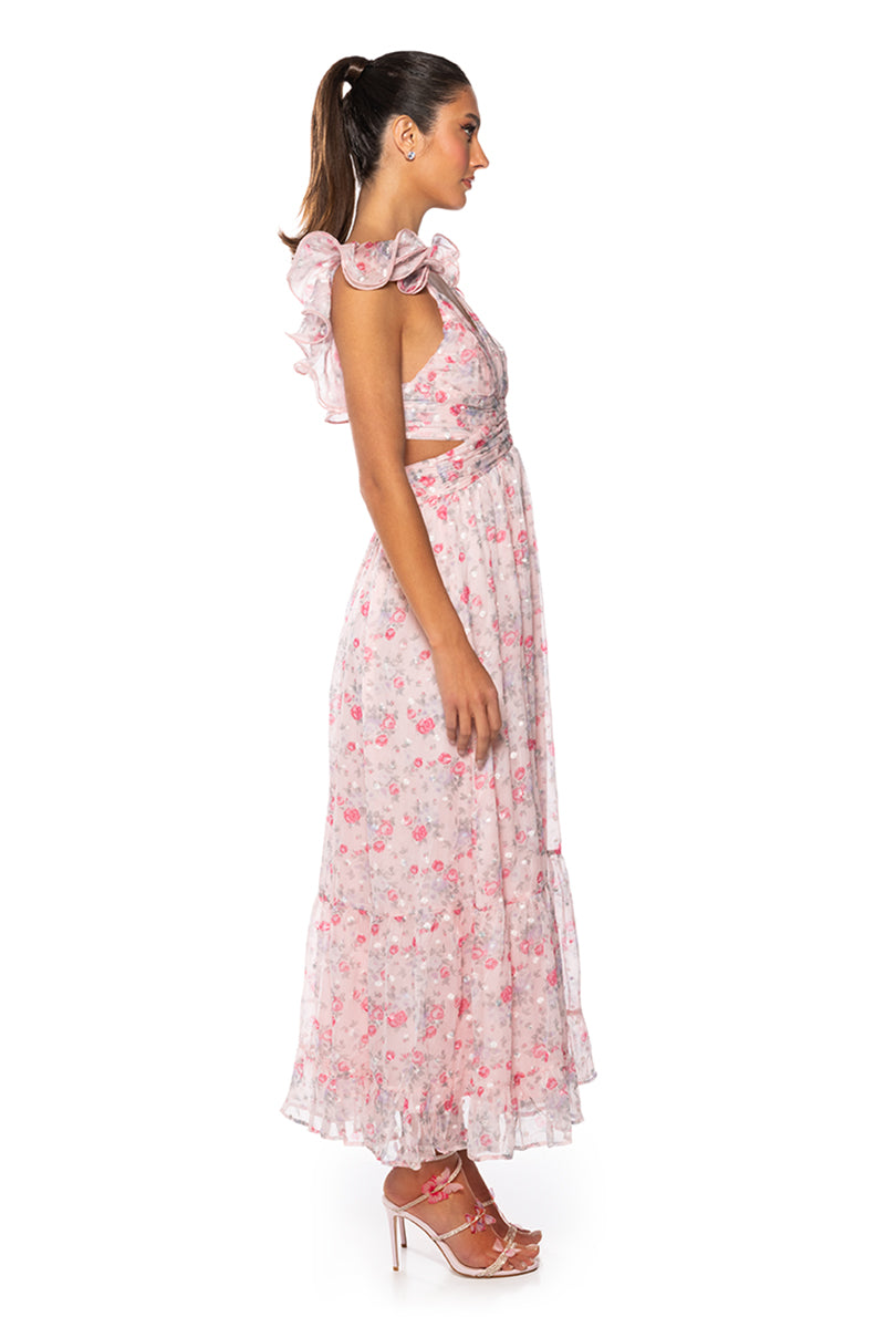 RUNAWAY RUFFLE FLORAL MAXI DRESS
