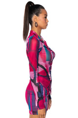 RYAN PRINTED MESH BUTTON DOWN BLOUSE