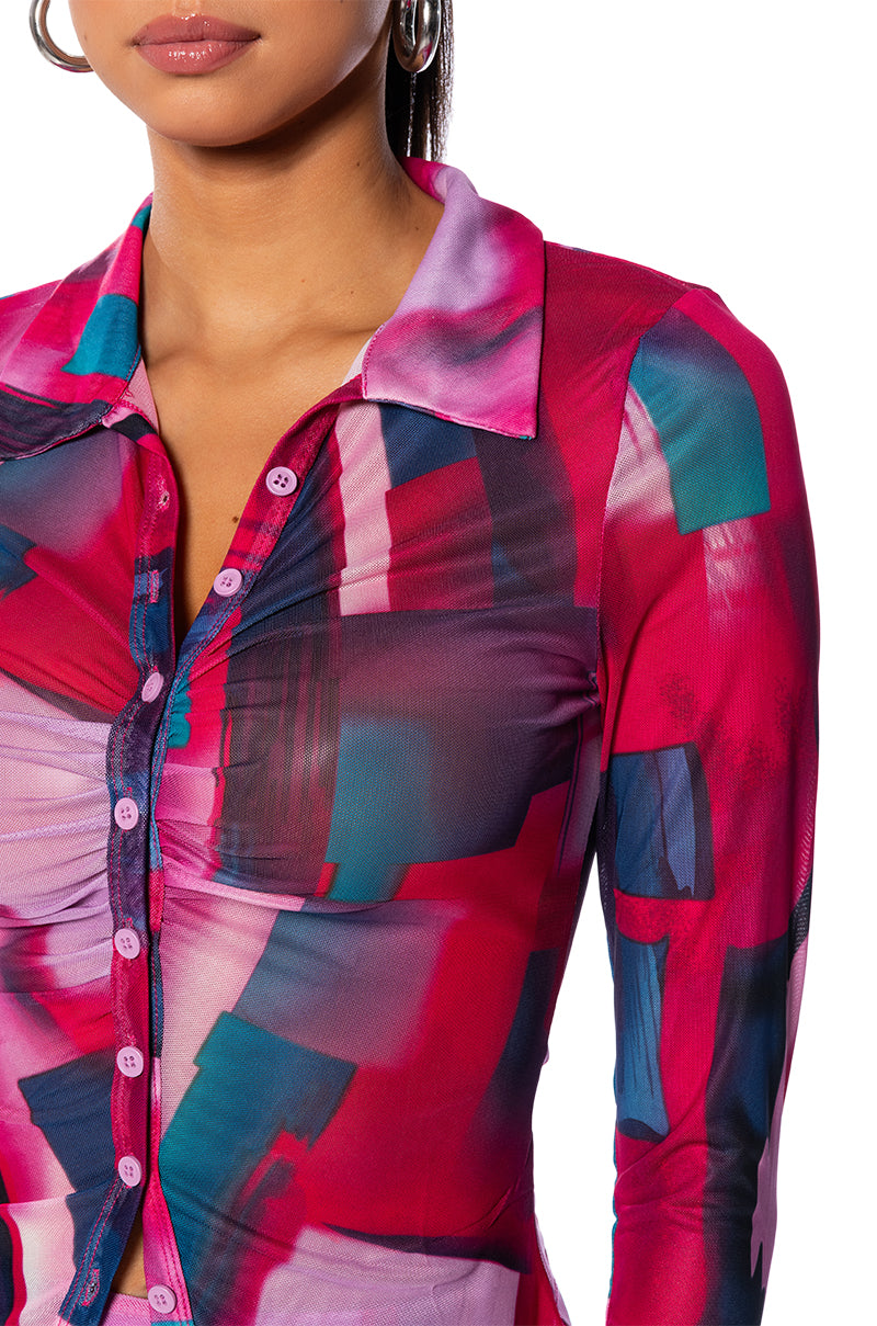 RYAN PRINTED MESH BUTTON DOWN BLOUSE