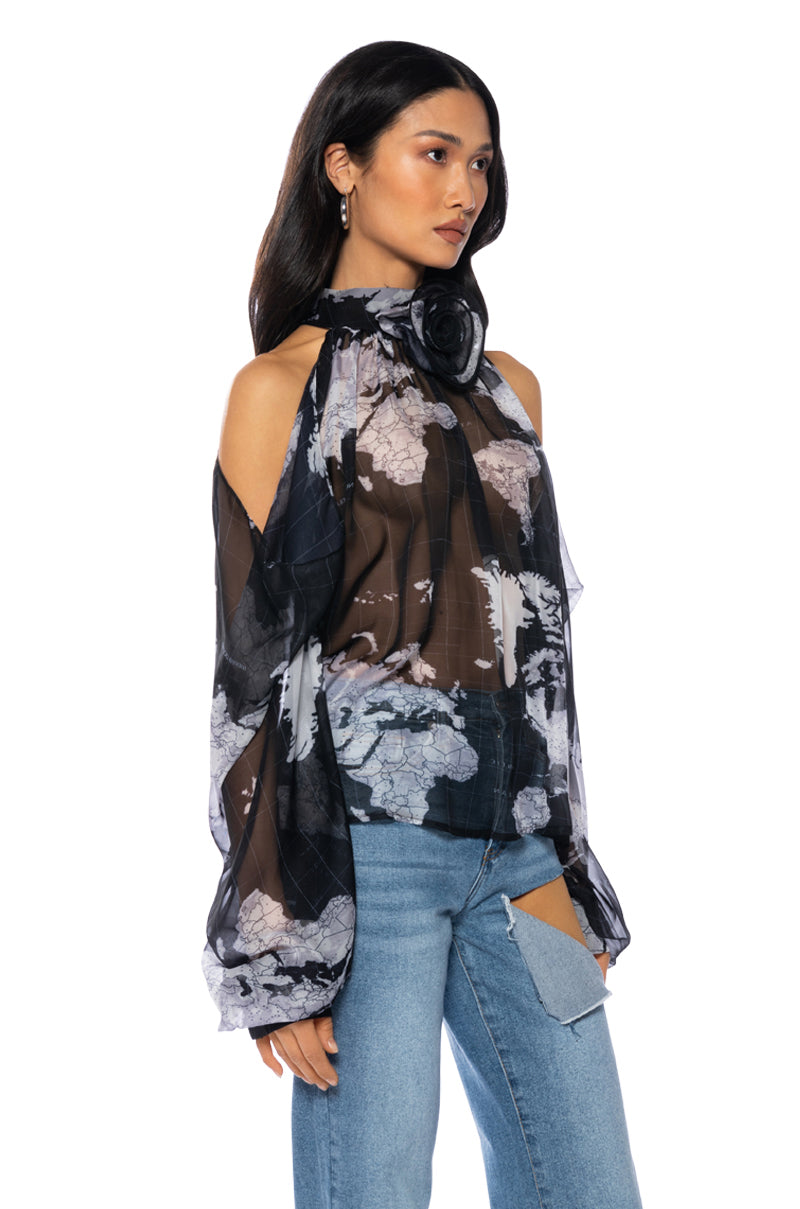 SADIE SEE THROUGH MESH PRINT BLOUSE