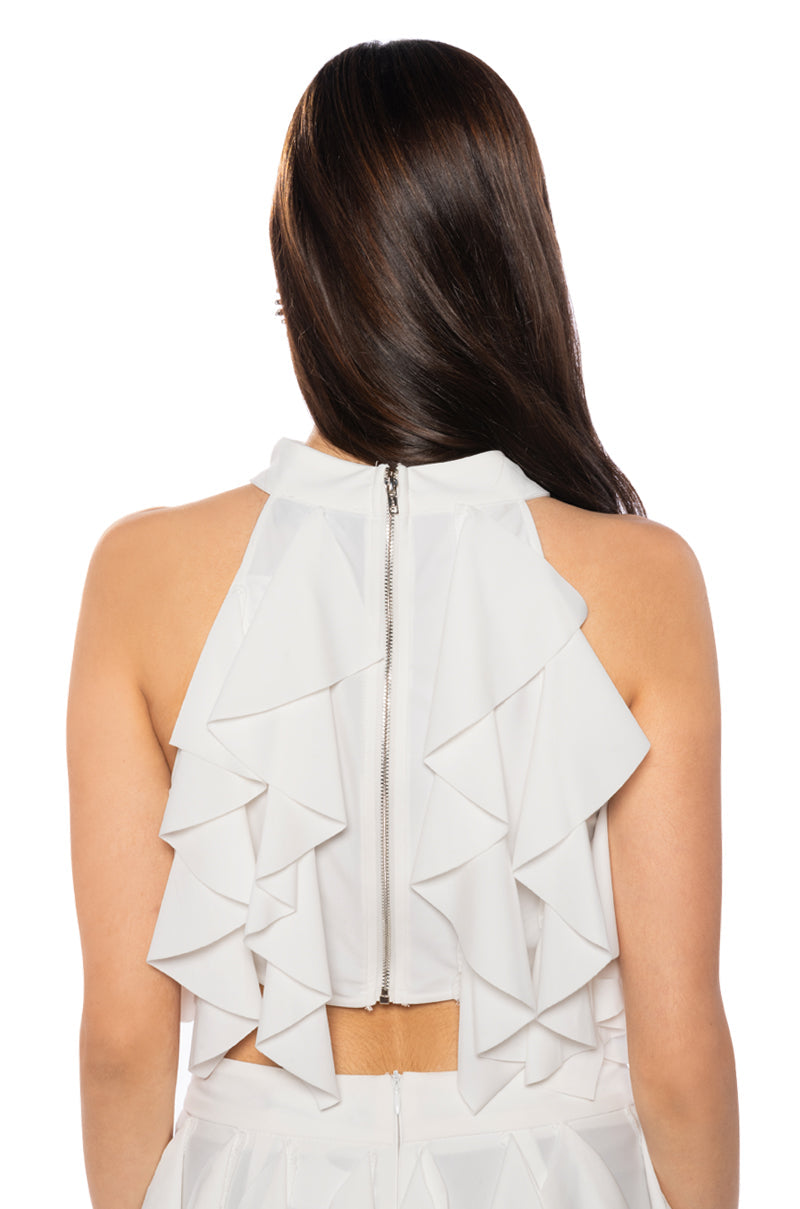 SERENITY RUFFLED HALTER NECK TOP IN WHITE