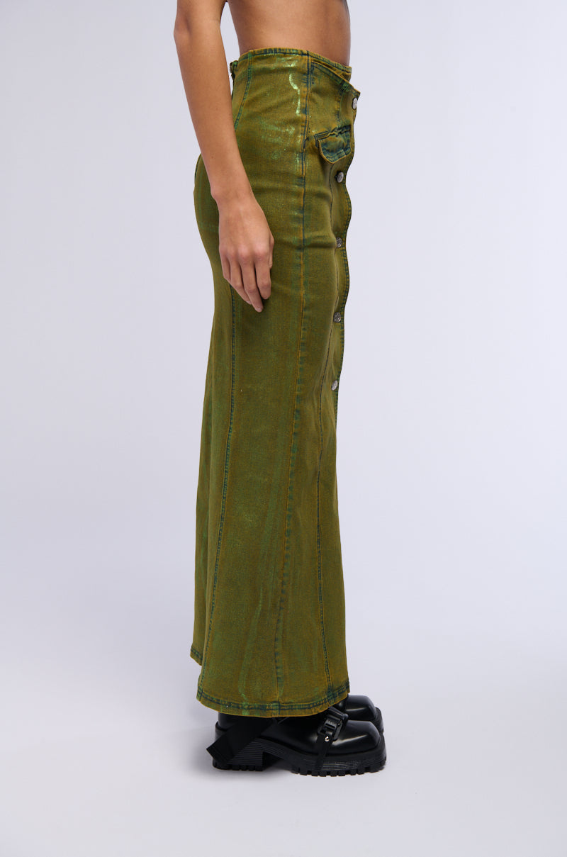 SHES GLOWING METALLIC DENIM MAXI SKIRT