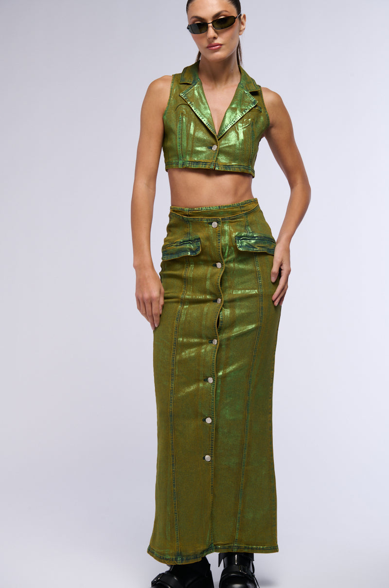 SHES GLOWING METALLIC DENIM MAXI SKIRT