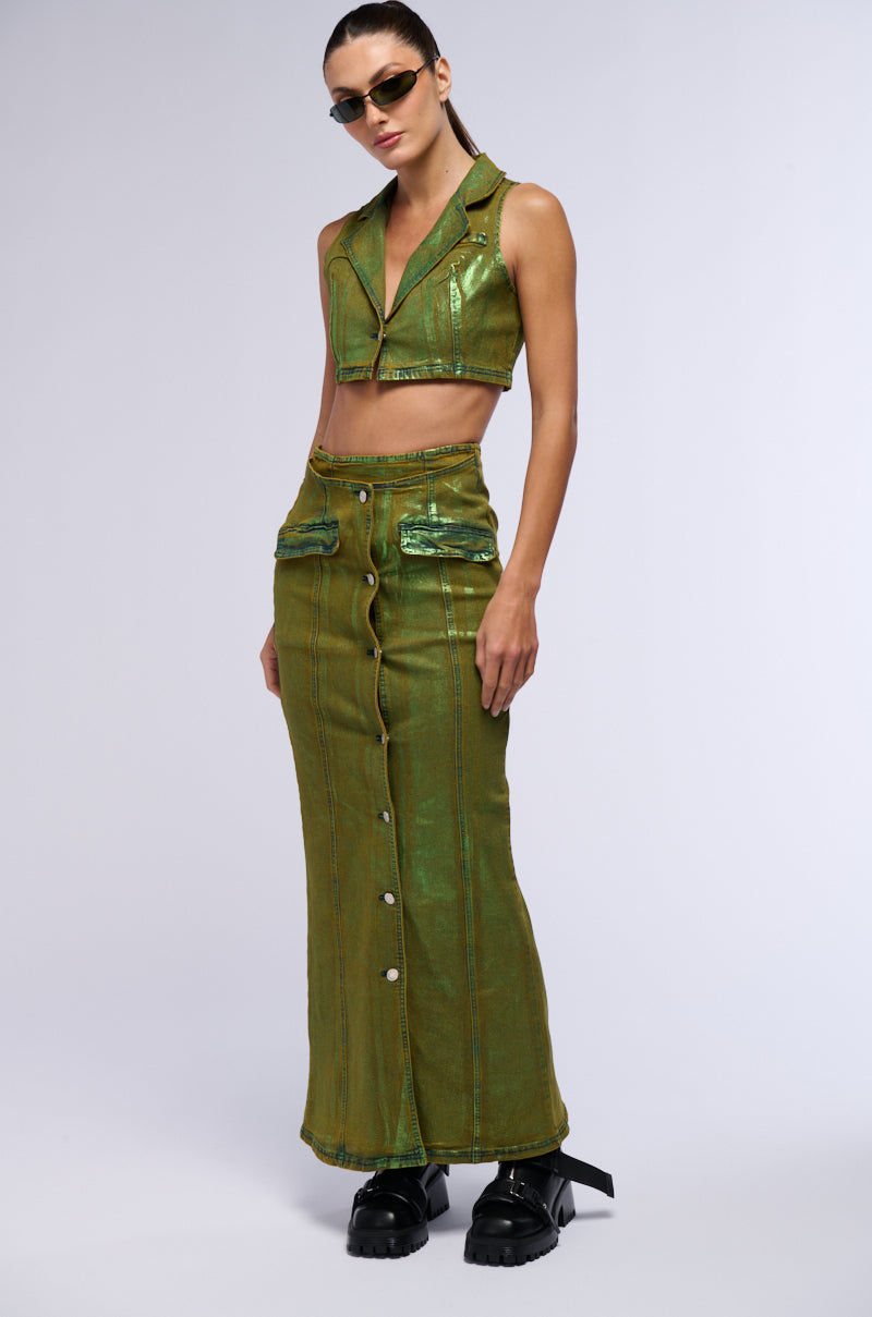 SHES GLOWING METALLIC DENIM MAXI SKIRT