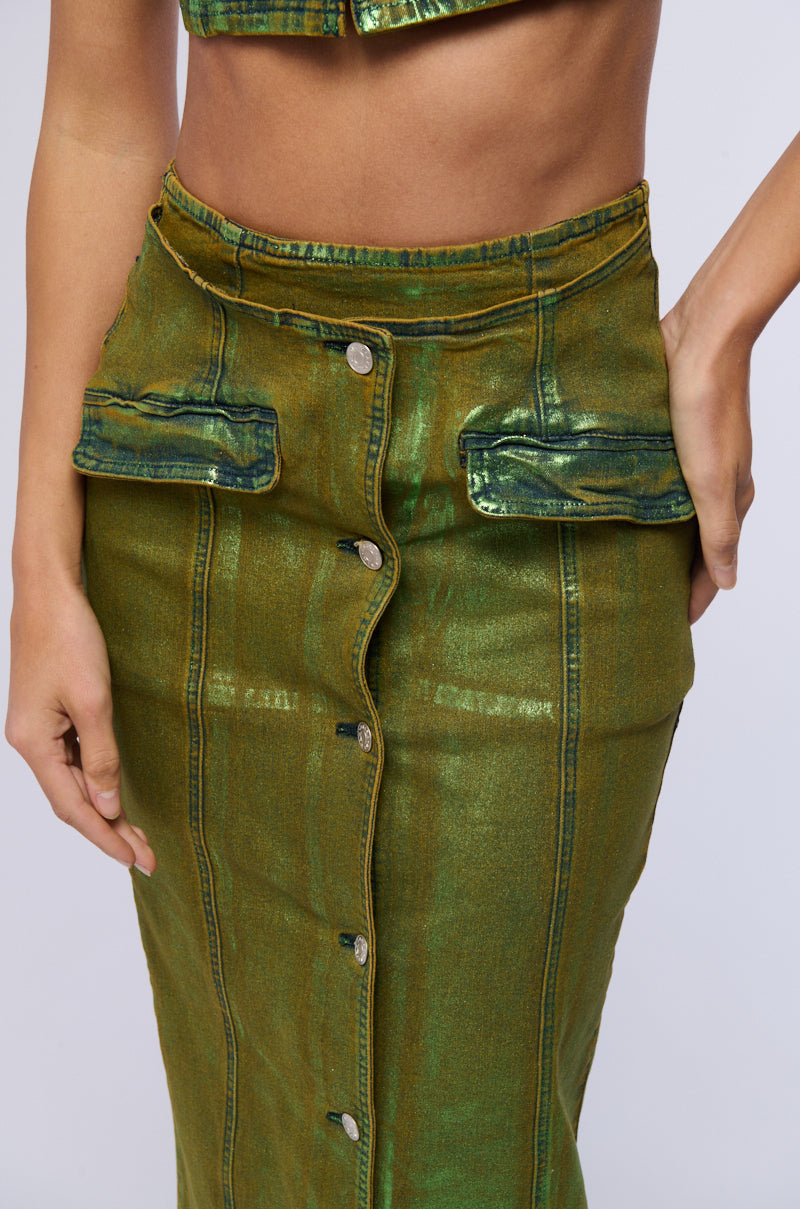SHES GLOWING METALLIC DENIM MAXI SKIRT
