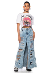 YOUR NEW FAVORITE DISTRESSED FLARED JEAN MIDI SKIRT