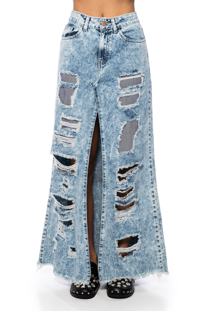 YOUR NEW FAVORITE DISTRESSED FLARED JEAN MIDI SKIRT