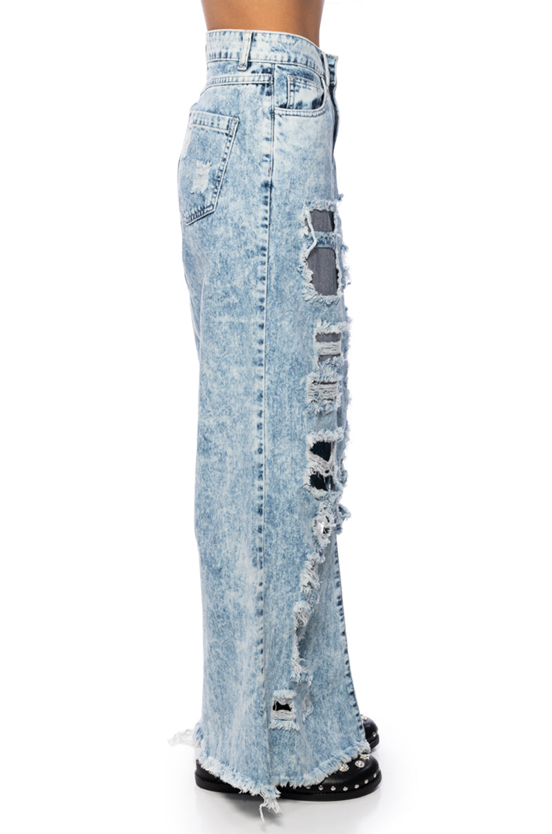 YOUR NEW FAVORITE DISTRESSED FLARED JEAN MIDI SKIRT