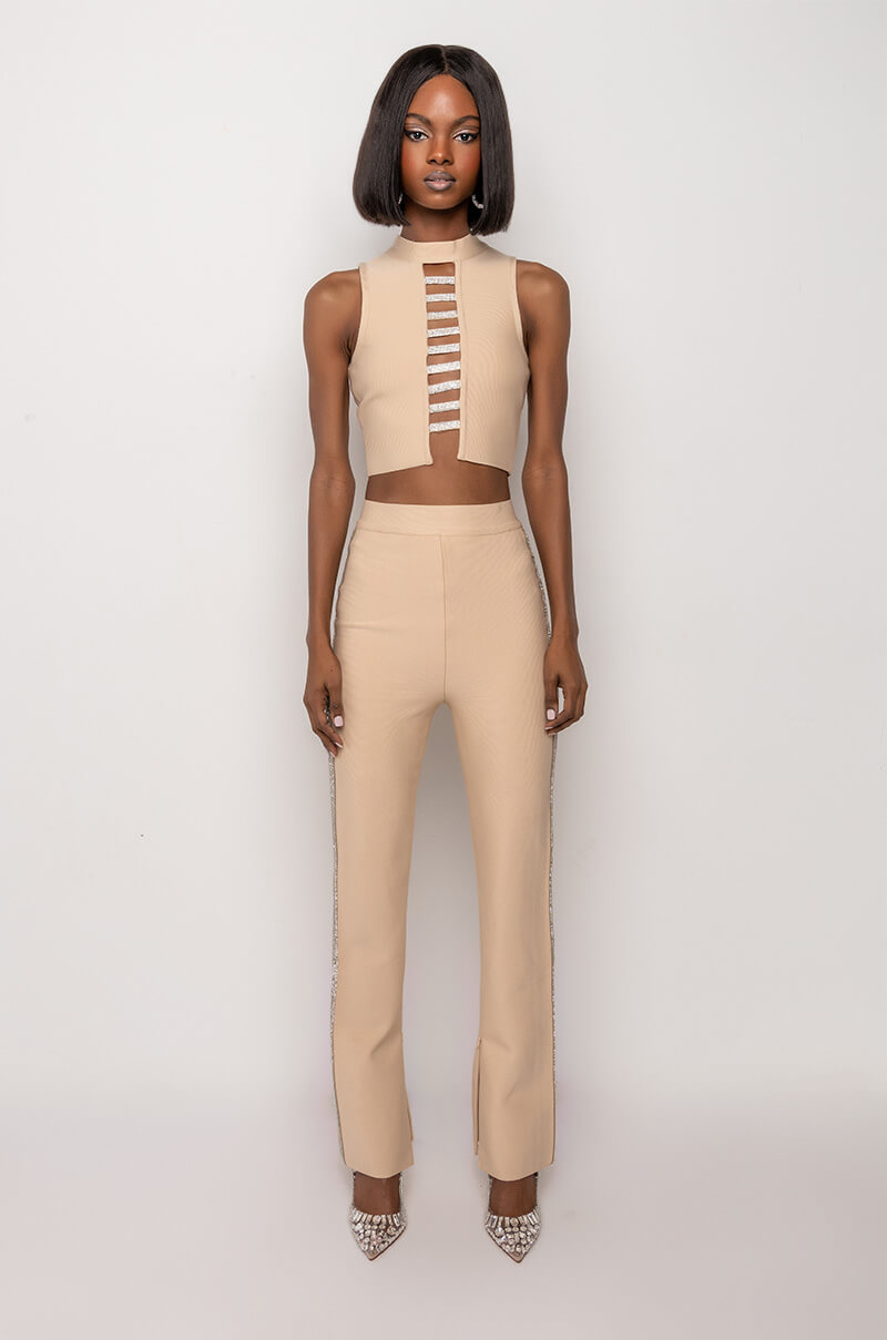 SORRY I'M LATE RHINESTONE BANDAGE PANT