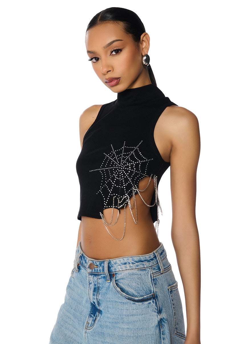 SPIDER WEBS MOCK NECK EMBELLISHED CROPPED TANK