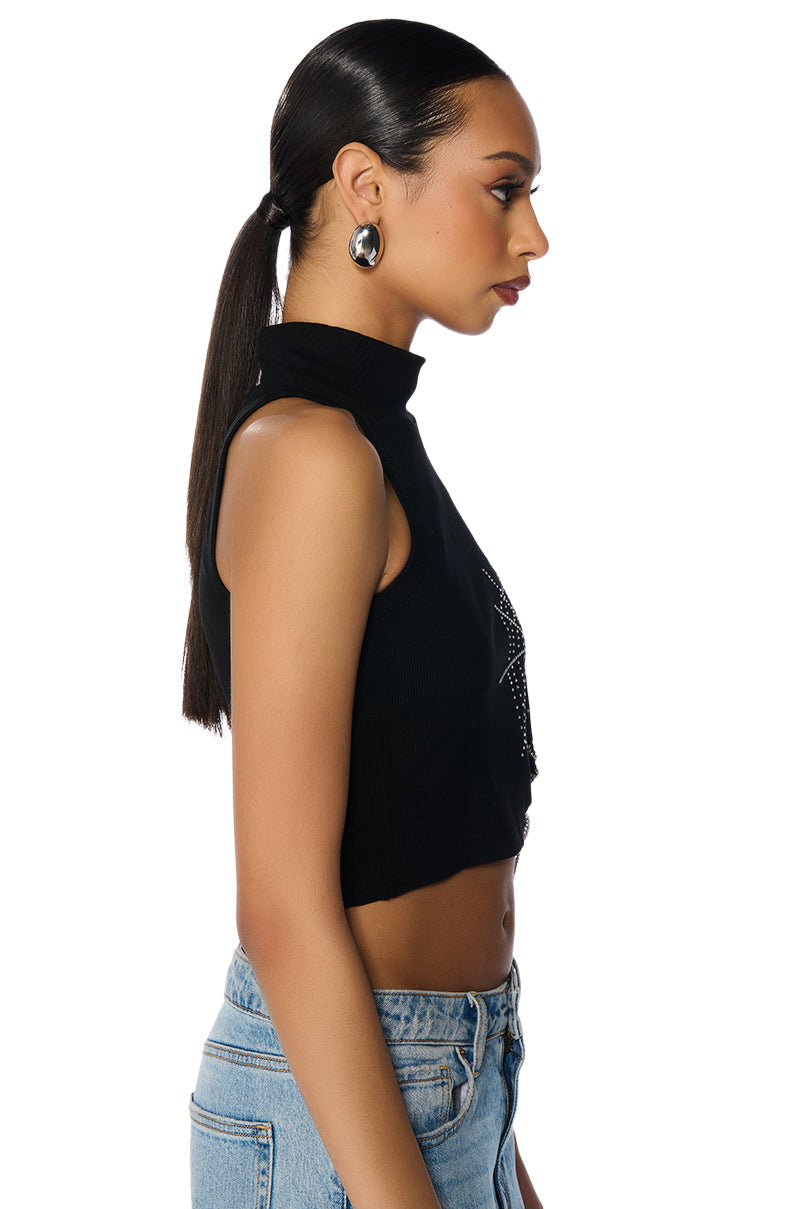 SPIDER WEBS MOCK NECK EMBELLISHED CROPPED TANK