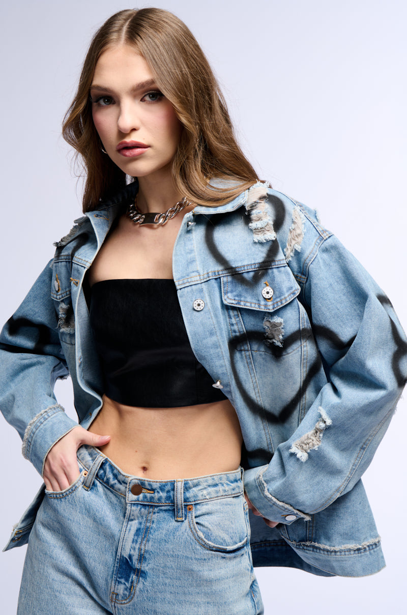 SPRAY PAINTED HEART OVERSIZED DENIM JACKET