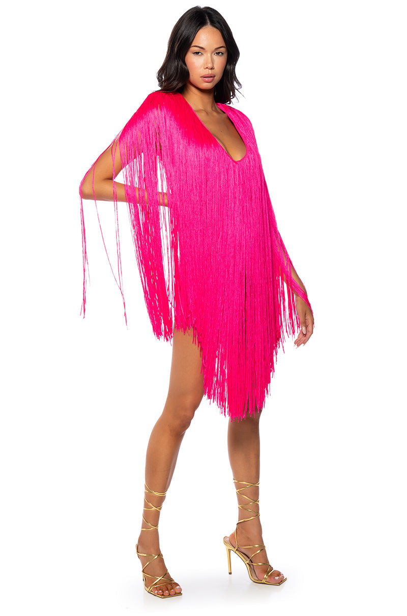 STEVIE DEEP V BANDAGE WITH FRINGE MINI DRESS