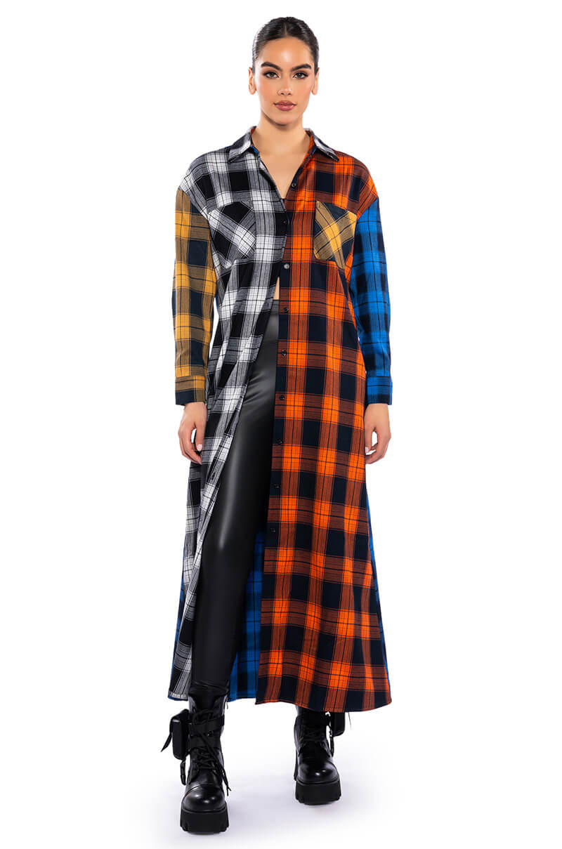 TEEN SPIRIT ULTRA LONG PLAID BUTTON DOWN