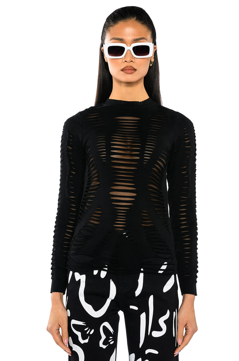 TELL EM DISTRESSED LAYERED LONG SLEEVE TOP