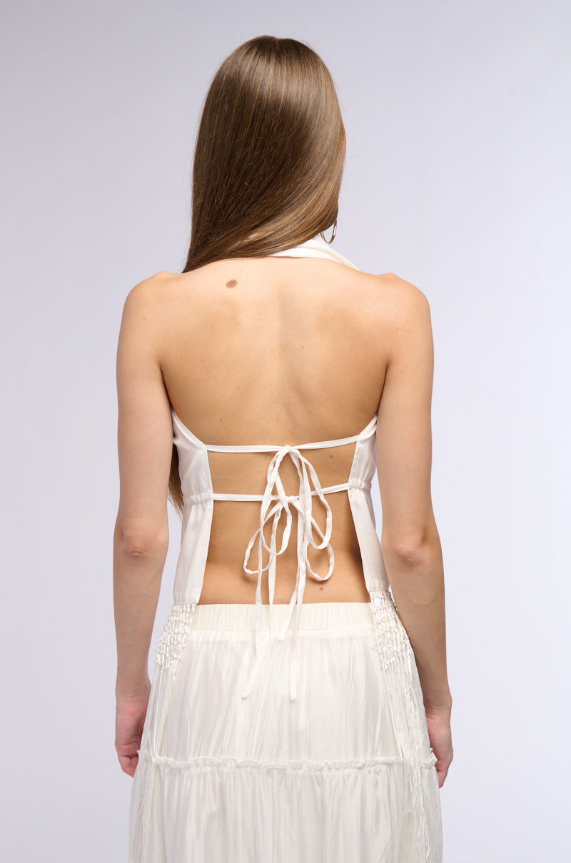 THE BEST PART HALTER TOP WITH FRINGE DETAILS
