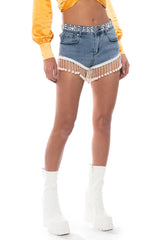 THE WORLD IS YOUR OYSTER PEARL TRIM DENIM SHORTS