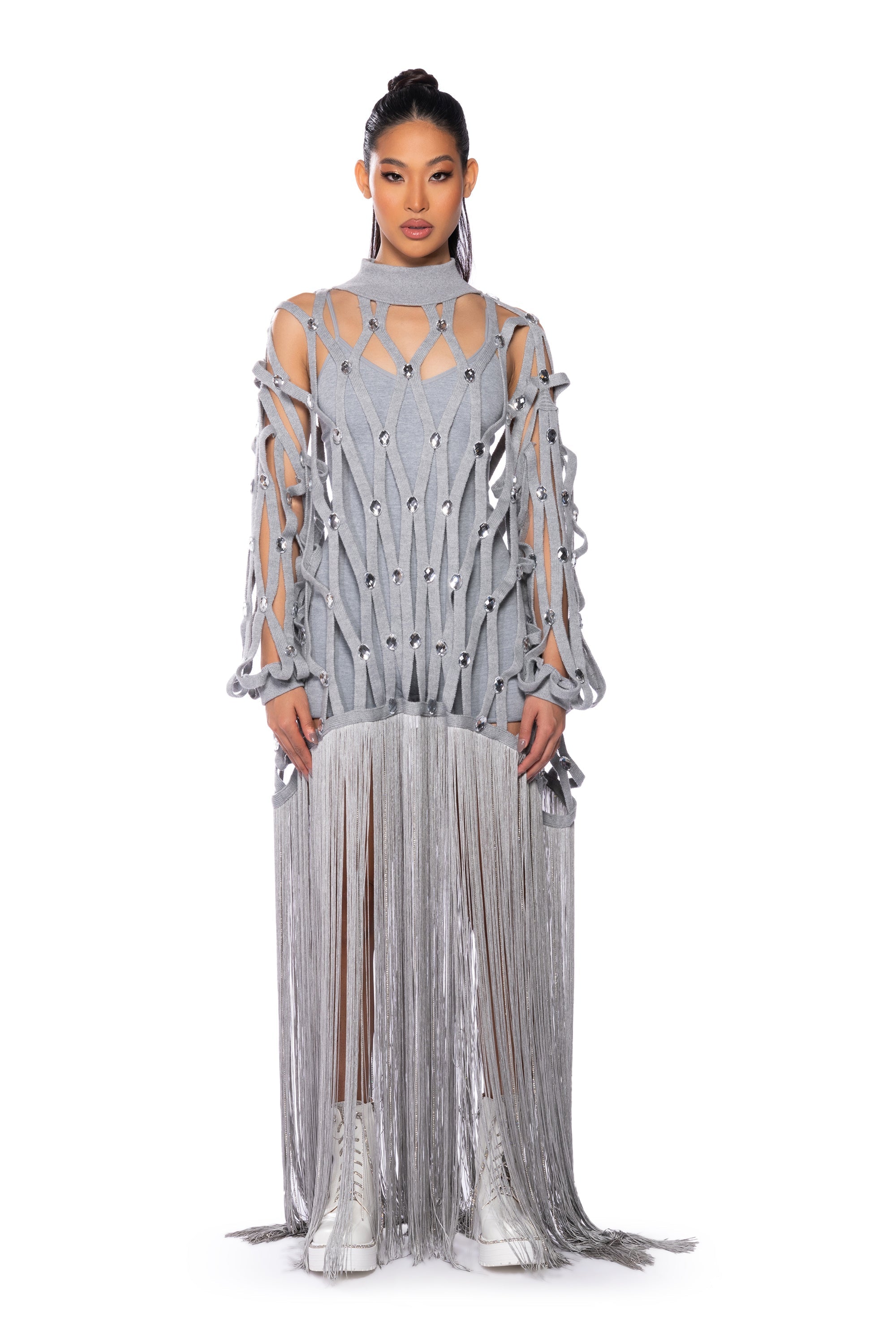 TIED UP FRINGE EMBELLISHED LONG SWEATER