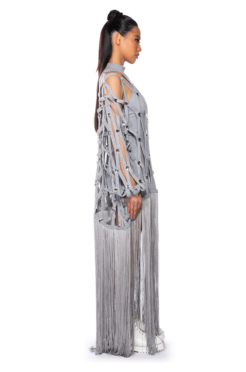 TIED UP FRINGE EMBELLISHED LONG SWEATER
