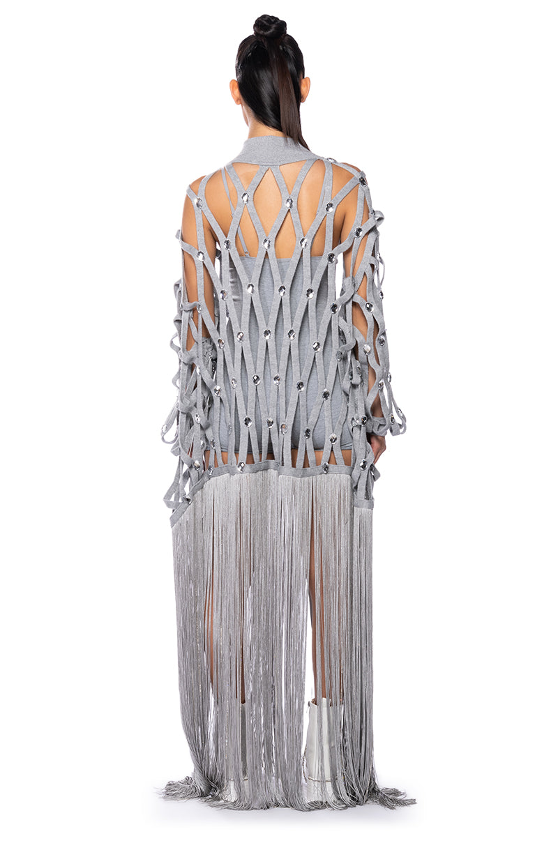 TIED UP FRINGE EMBELLISHED LONG SWEATER