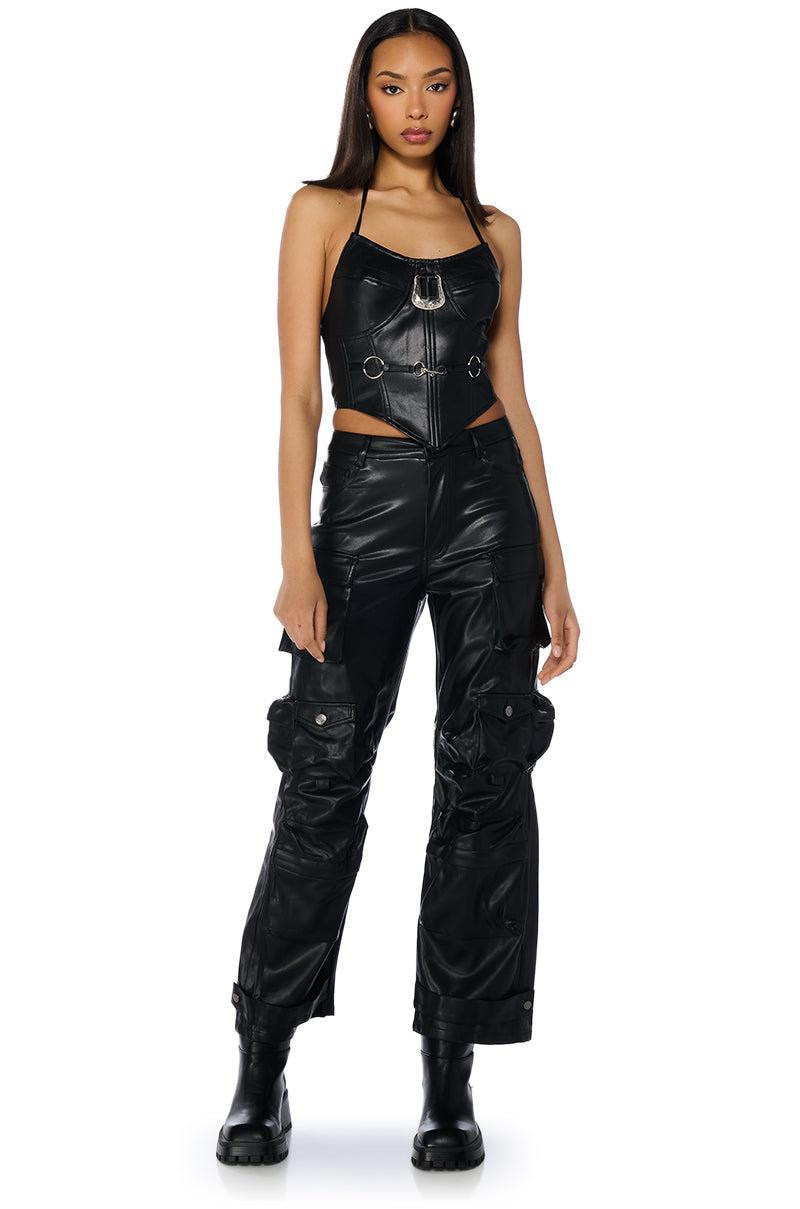 TIFFANY FAUX LEATHER HALTER NECK CORSET TOP
