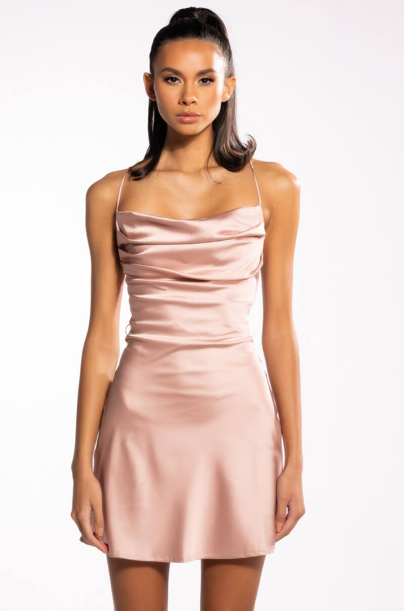 TINY DANCER SLEEVELESS SATIN COWL NECK MINI DRESS