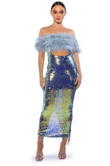 TOP TIER FEATHER DETAIL SEQUIN MAXI DRESS