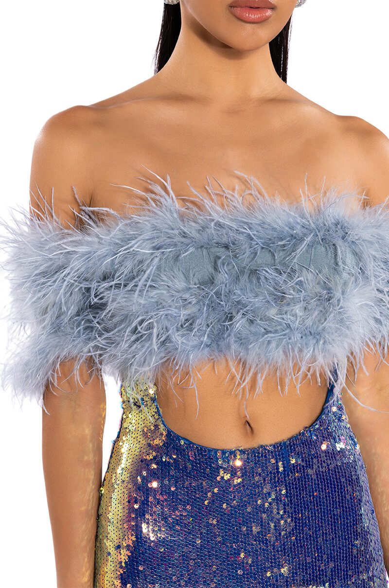 TOP TIER FEATHER DETAIL SEQUIN MAXI DRESS