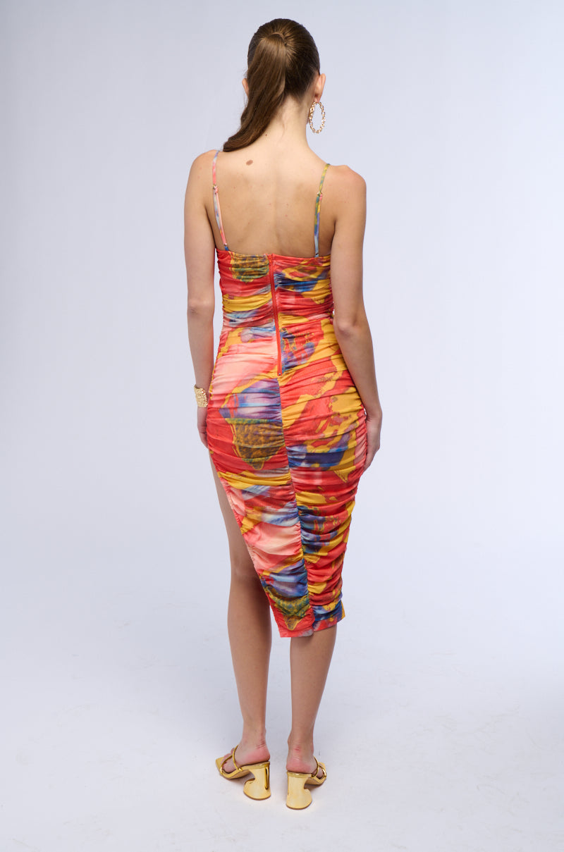 TUTTI FRUTTI RUCHED MIDI DRESS