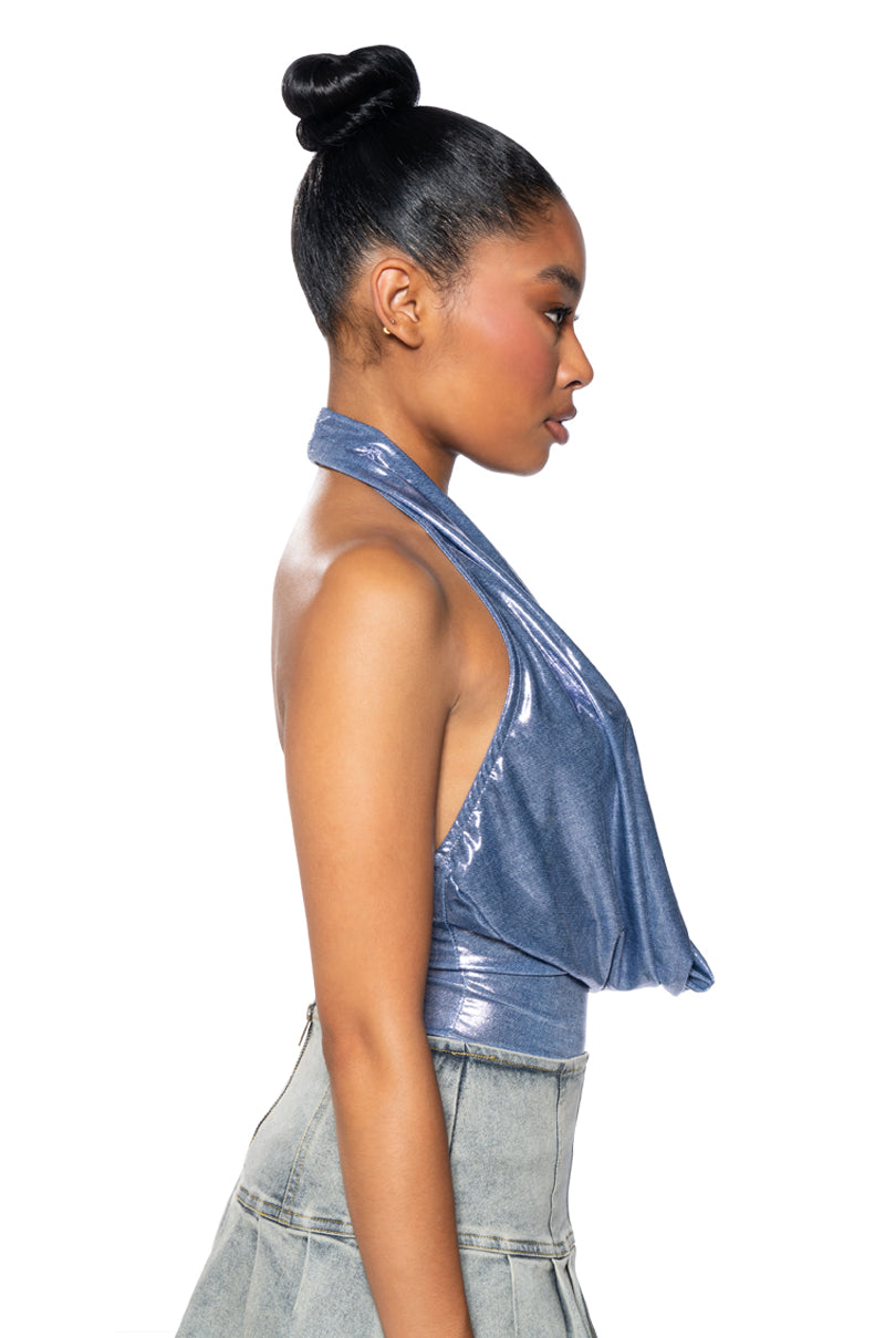 UNDER THE LIGHTS COWL NECK METALLIC BODYSUIT