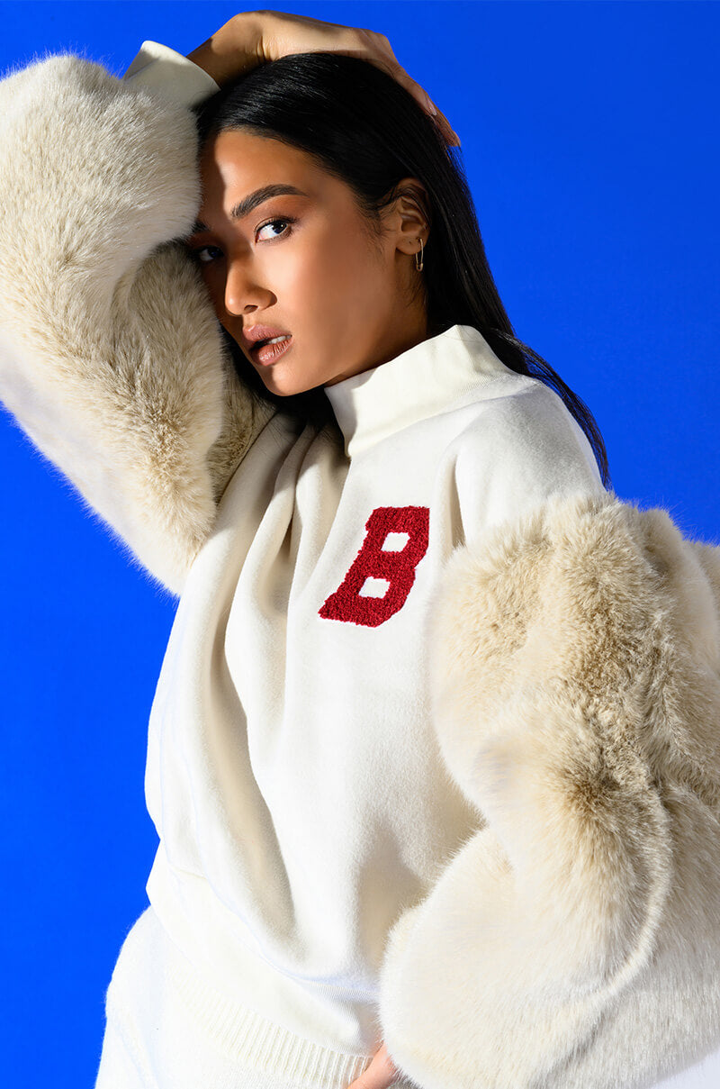 UPPER EAST SIDE FAUX FUR SLEEVE SWEATSHIRT