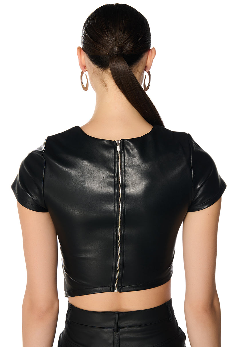 VALENTINA SHORT SLEEVE FAUX LEATHER CROP SHIRT