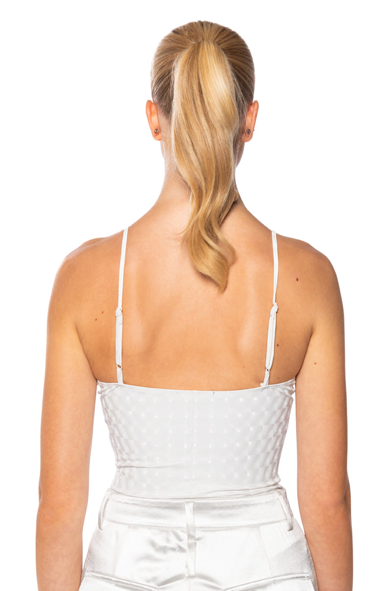 VIBING HOLOGRAPHIC FAUX LEATHER BODYSUIT IN WHITE