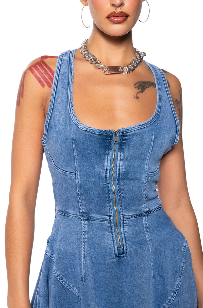 VIVIAN BLUE DENIM MINI DRESS IN BLUE