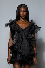 WALKING ON THE MOON TIERED RUFFLE SHIFT MINI DRESS