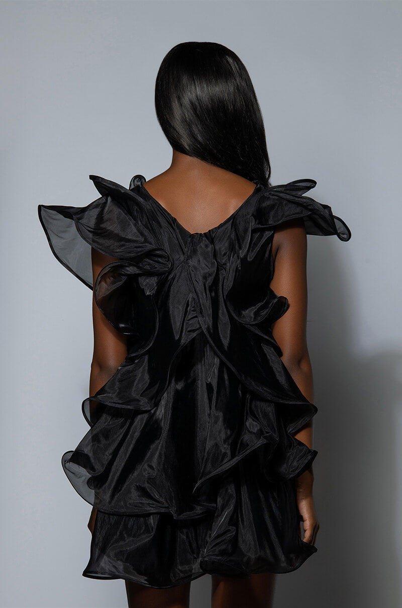 WALKING ON THE MOON TIERED RUFFLE SHIFT MINI DRESS