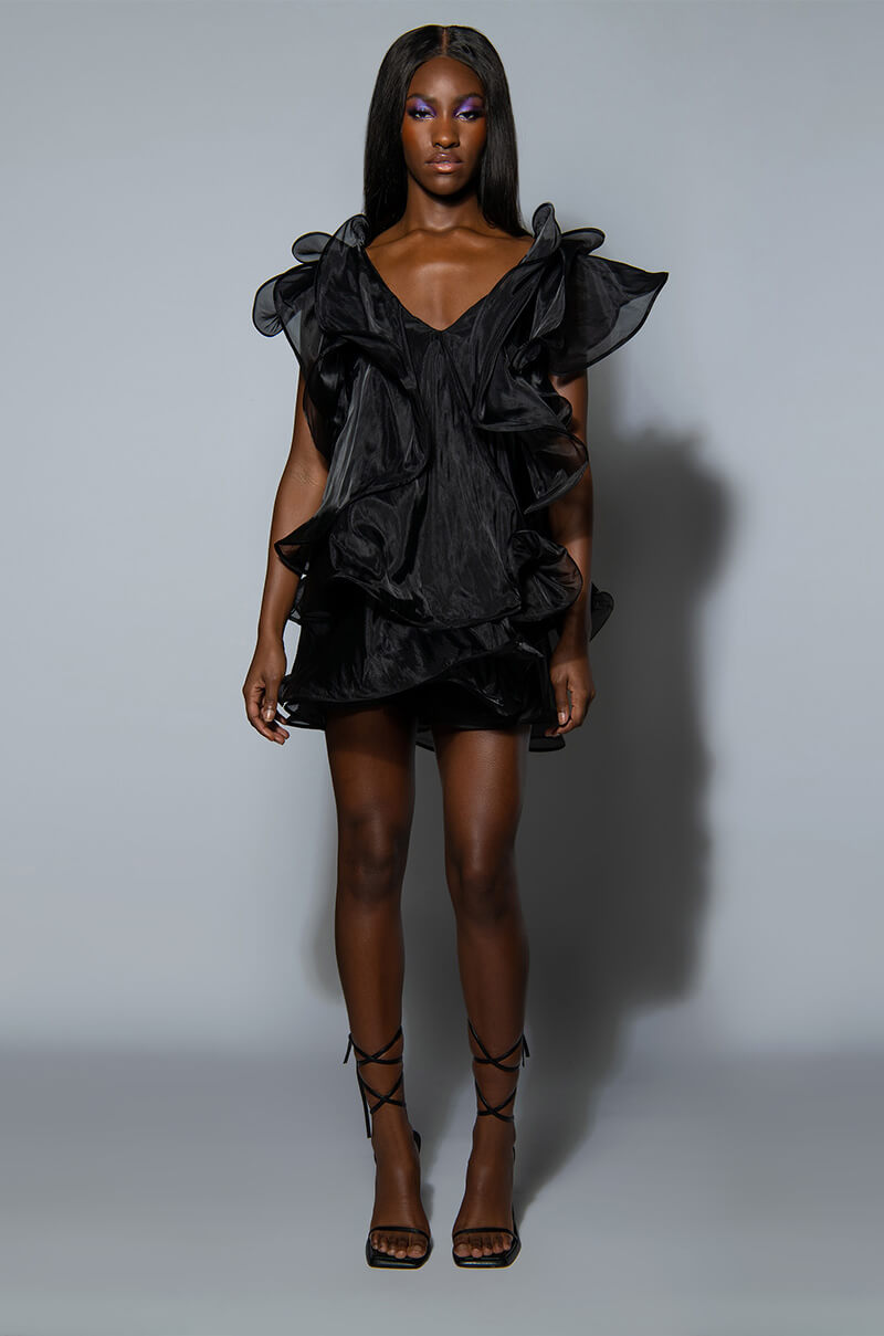 WALKING ON THE MOON TIERED RUFFLE SHIFT MINI DRESS
