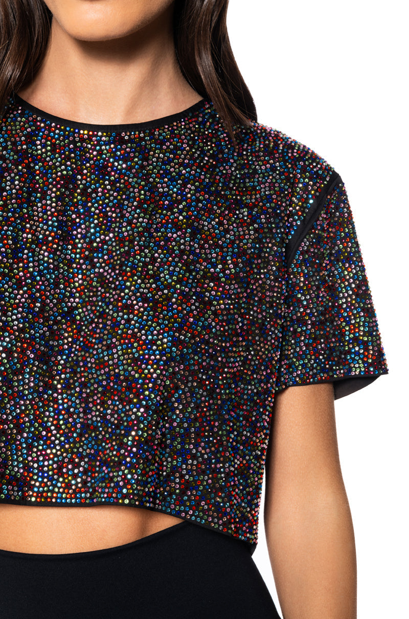 WONDERLUST RHINESTONE EMBELLISHED OPEN BACK T-SHIRT