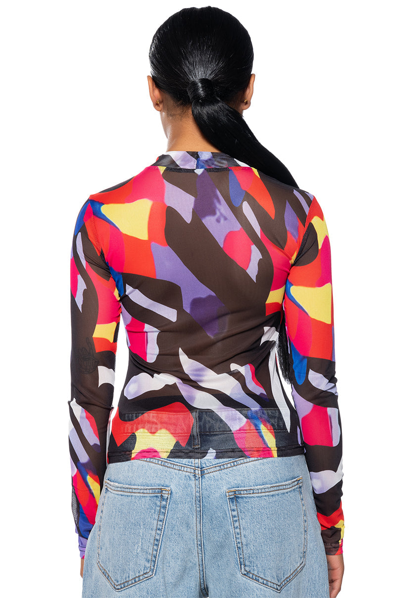 WHERE MY HEART IS MOCK NECK LONG SLEEVE MESH TEE
